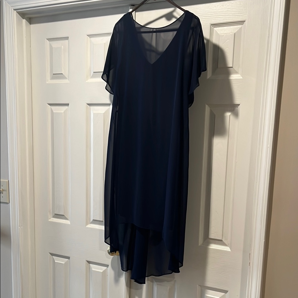 Adrianna Papell Blue Chiffon Dress with Flutter Sleeves and V-Neck